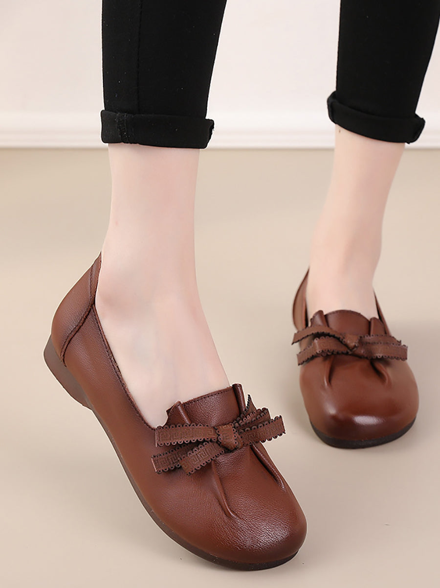 Damskie letnie buty skórzane z kokardą w szpic