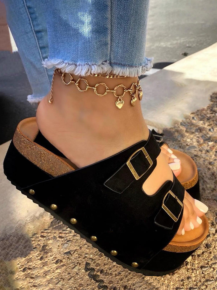 Double Buckle Strap Platform Sandals - ECHOINE