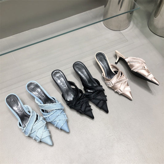 Dżinsowe buty damskie z czubkiem na palcach Eleganckie buty na średnim obcasie