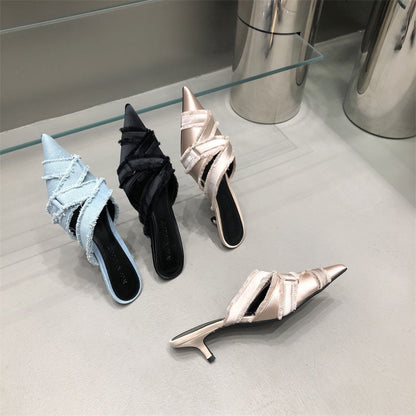 Dżinsowe buty damskie z czubkiem na palcach Eleganckie buty na średnim obcasie