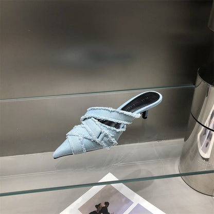 Dżinsowe buty damskie z czubkiem na palcach Eleganckie buty na średnim obcasie