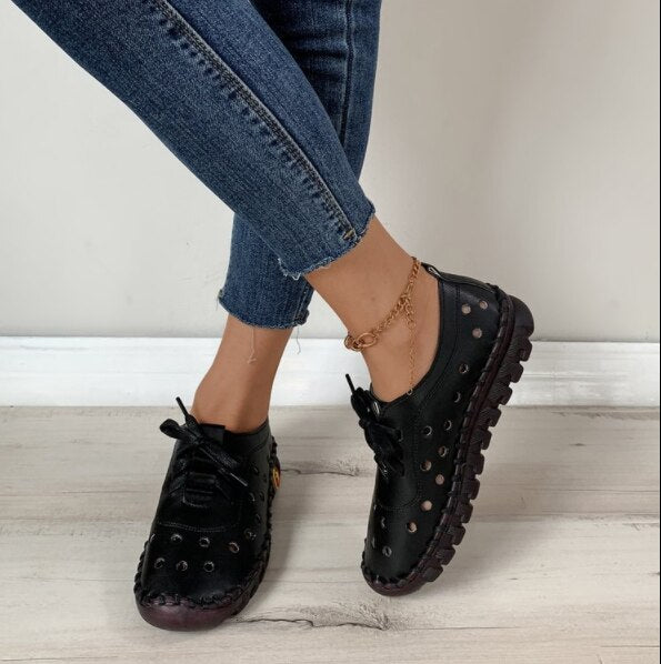 Buty damskie z miękkiej skóry, sznurowane, płaskie