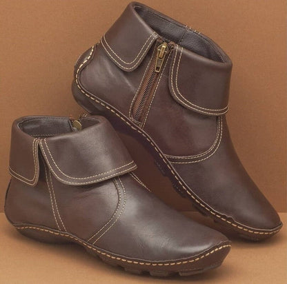 Damskie płaskie skórzane botki do kostki w stylu retro