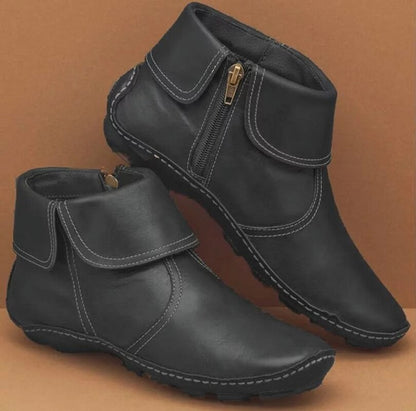 Damskie płaskie skórzane botki do kostki w stylu retro