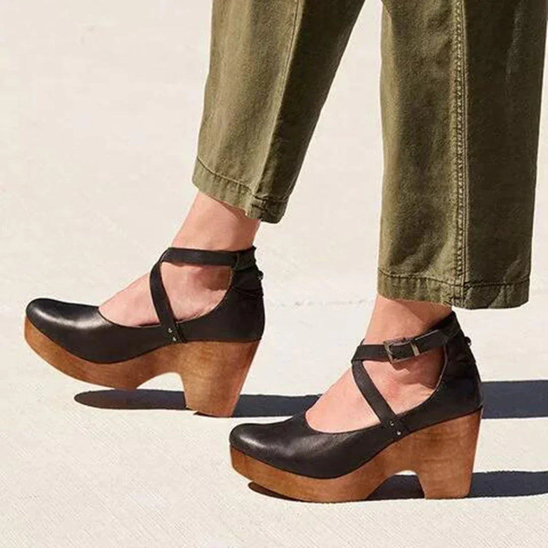 Skórzane buty damskie na grubym obcasie
